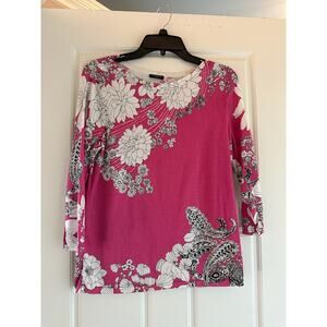 Talbots Pink ivory floral design Petite pull over knit cotton rayon‎